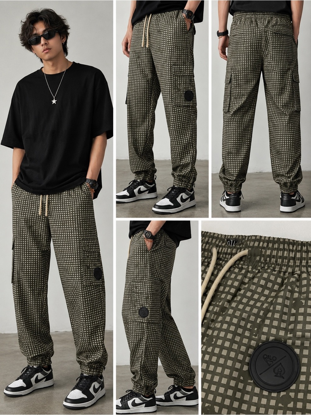 Qilo Cargo Jogger Pants Large Olive Grid Print Utility Techwear Streetwear